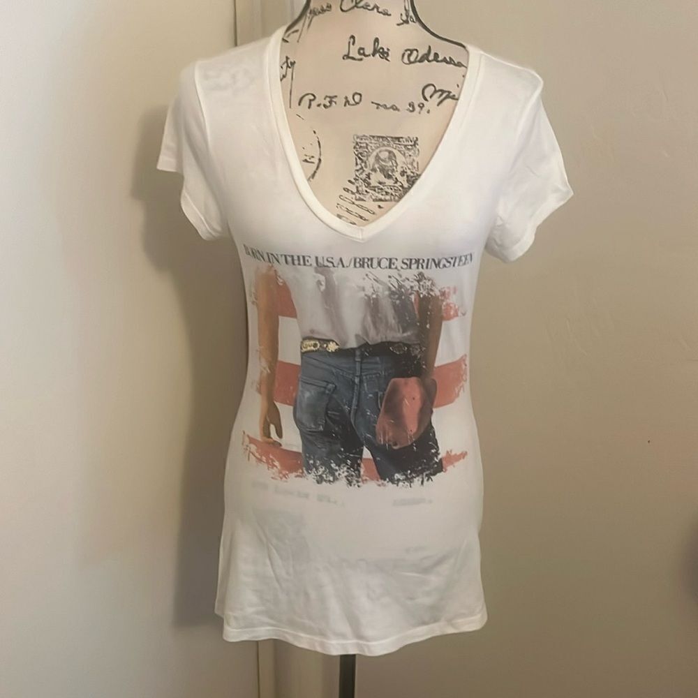 Bruce Springsteen White V-Neck Born In The USA Graphic Semi Sheer Shirt